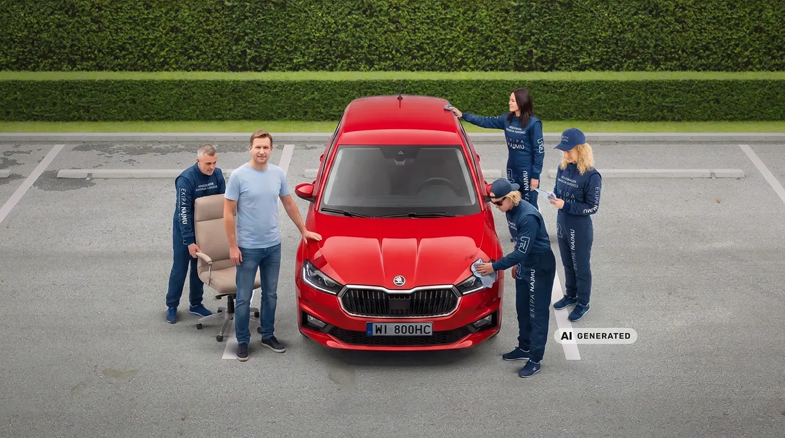 Trzy osoby w strojach Ekipy NAJMU polerują i sprawdzają czerwoną Škodę na parkingu.