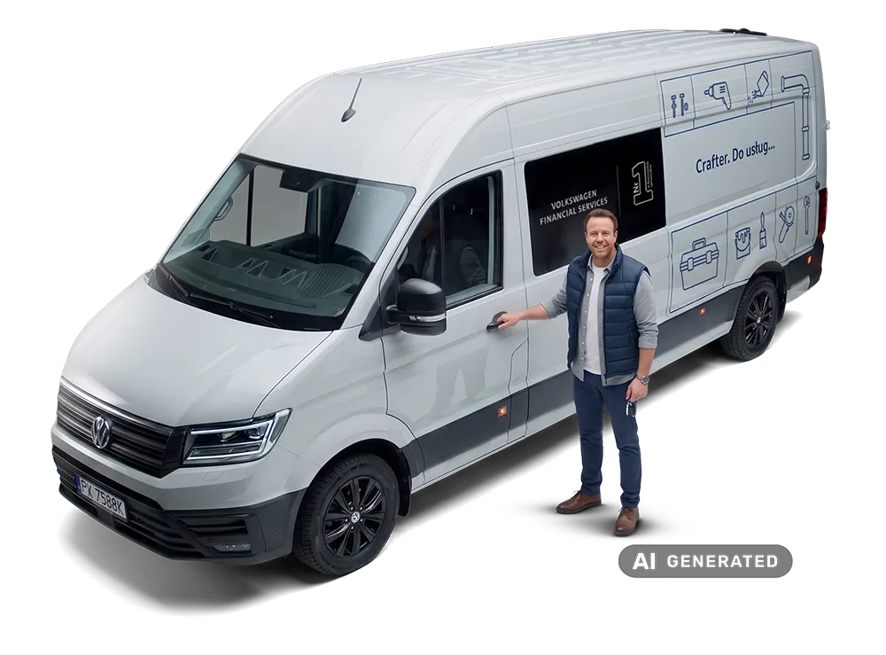 Mężczyzna stoi obok białego Volkswagena Craftera z logotypem VW FS.