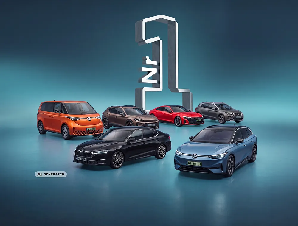 Sześć samochodów marki Volkswagen ustawionych wokół dużego numeru 1 na niebieskim tle.

